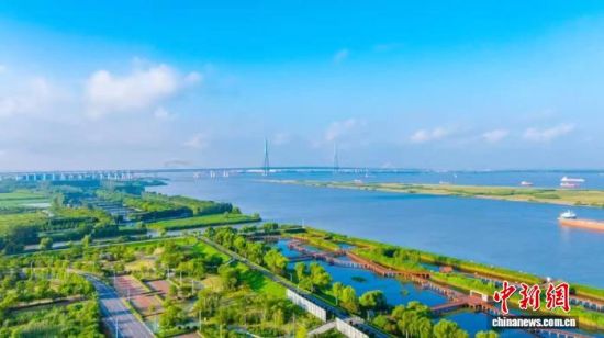 航拍泰兴长江生态湿地公园,江桥横跨碧波,滨江湿地铺展绿意,尽显长江大保护生态成效。泰兴市委网信办供图 航拍泰兴长江生态湿地公园,江桥横跨碧波,滨江湿地铺展绿意,尽显长江大保护生态成效。泰兴市委网信办供图