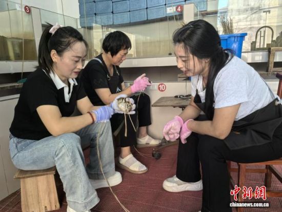 工人们正在捆扎大闸蟹。 中新网记者 钟升 摄 工人们正在捆扎大闸蟹。 中新网记者 钟升 摄